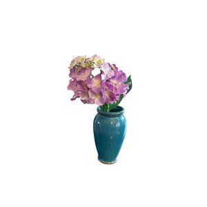 Handcrafted Turquoise Ceramic Vase Faux Pink Hydrangea Floral Arrangement